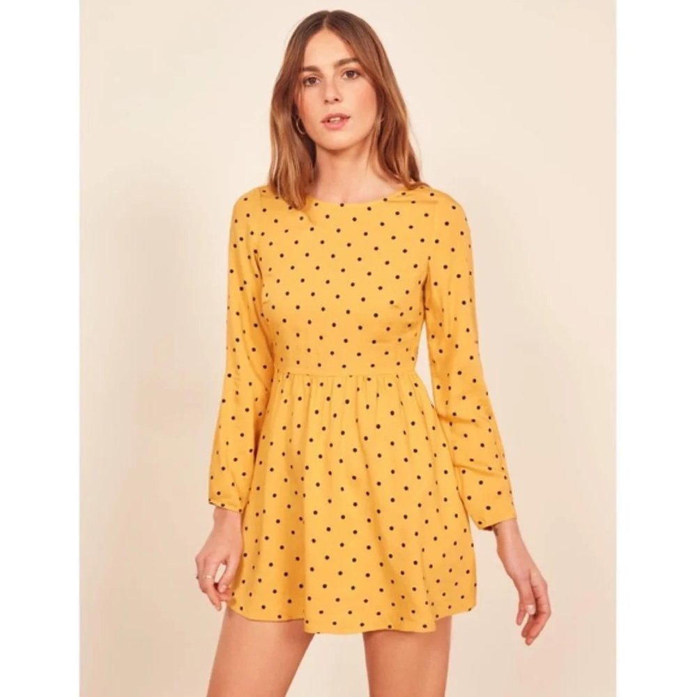 Reformation Yellow Black Polka Dot Mini Dress